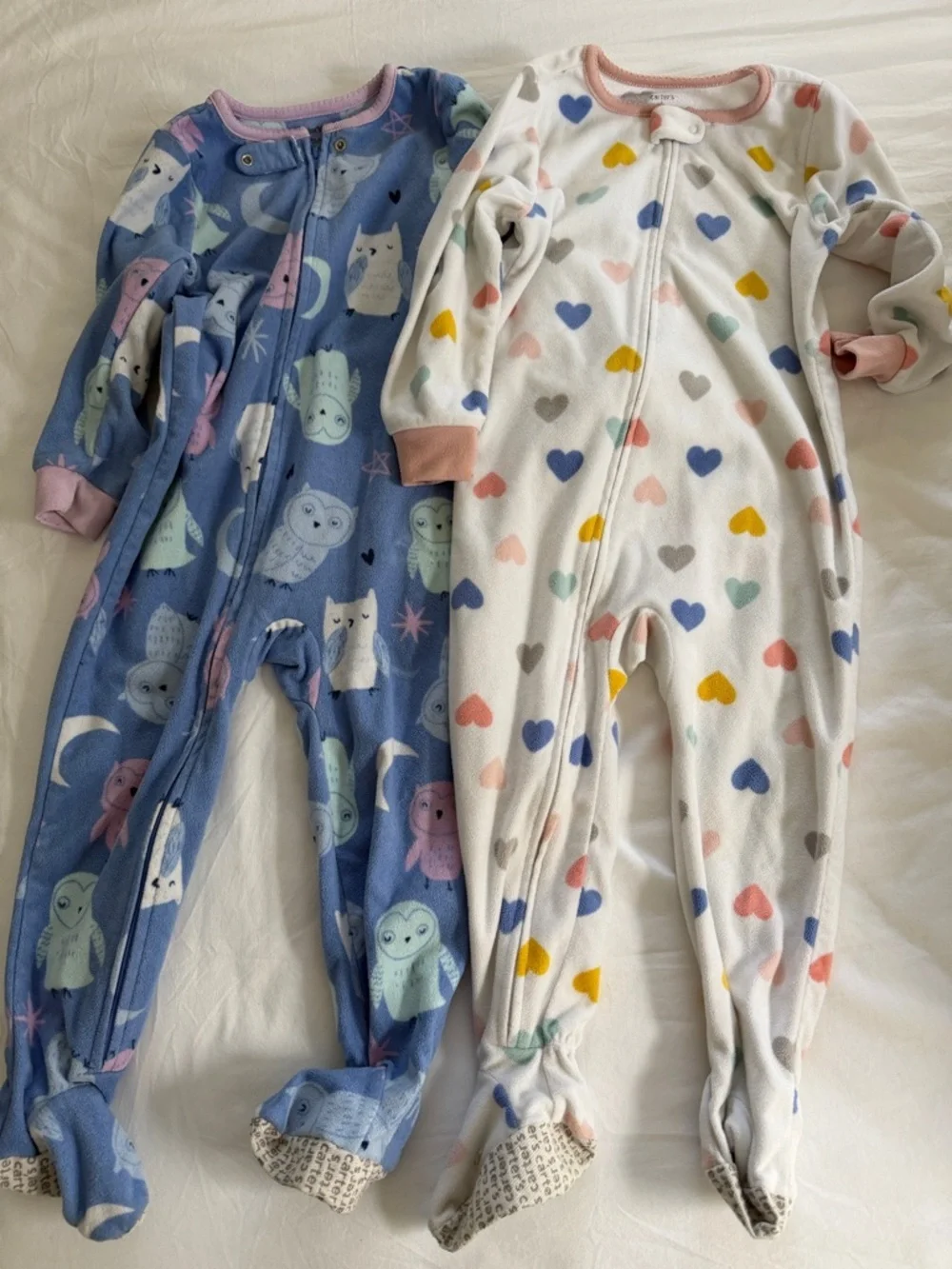 Baby Girls' Heart & Owl Fleece One-Piece Sleepers - White & Blue 3T